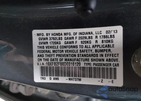 2013 Honda Civic Ex из США, поврежденный, VIN 19XFB2F88DE016120